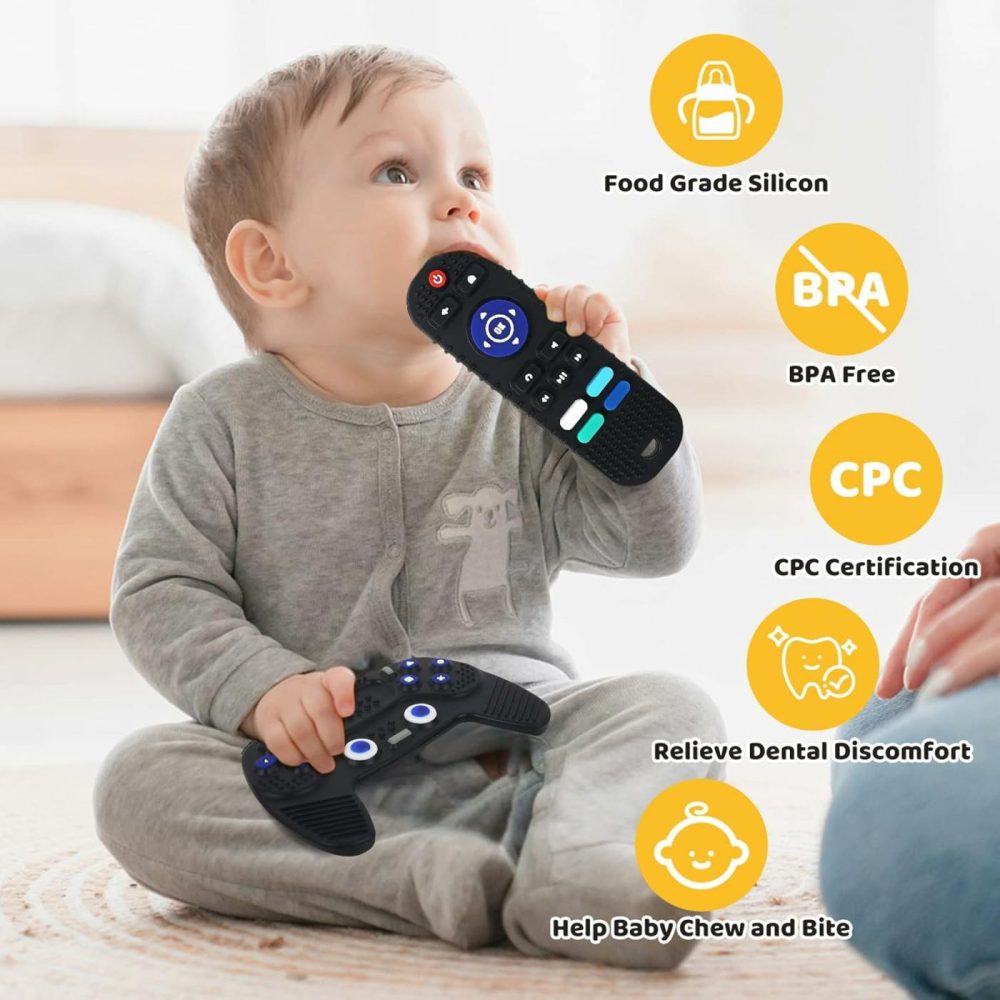 Remote Teether For Baby  2Pcs Silicone Teething Toys For Infant Toddler 0-12 Months  Game Control Chew Gel Gifts For Newborn Kids/Boy/Girl  Bpa Free Freezable Relief Molars Gums Pain  |  Teethers All Toys Black