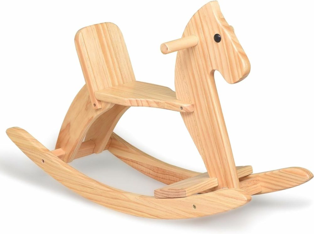 Rocking Horse Wooden Ride On Toy For Kids Classic Design Rocking Horse With Pedal And Safe Backrest Fine Workmanship(Classic  Natural)  |  Rocking Horses & Animals All Toys Natural