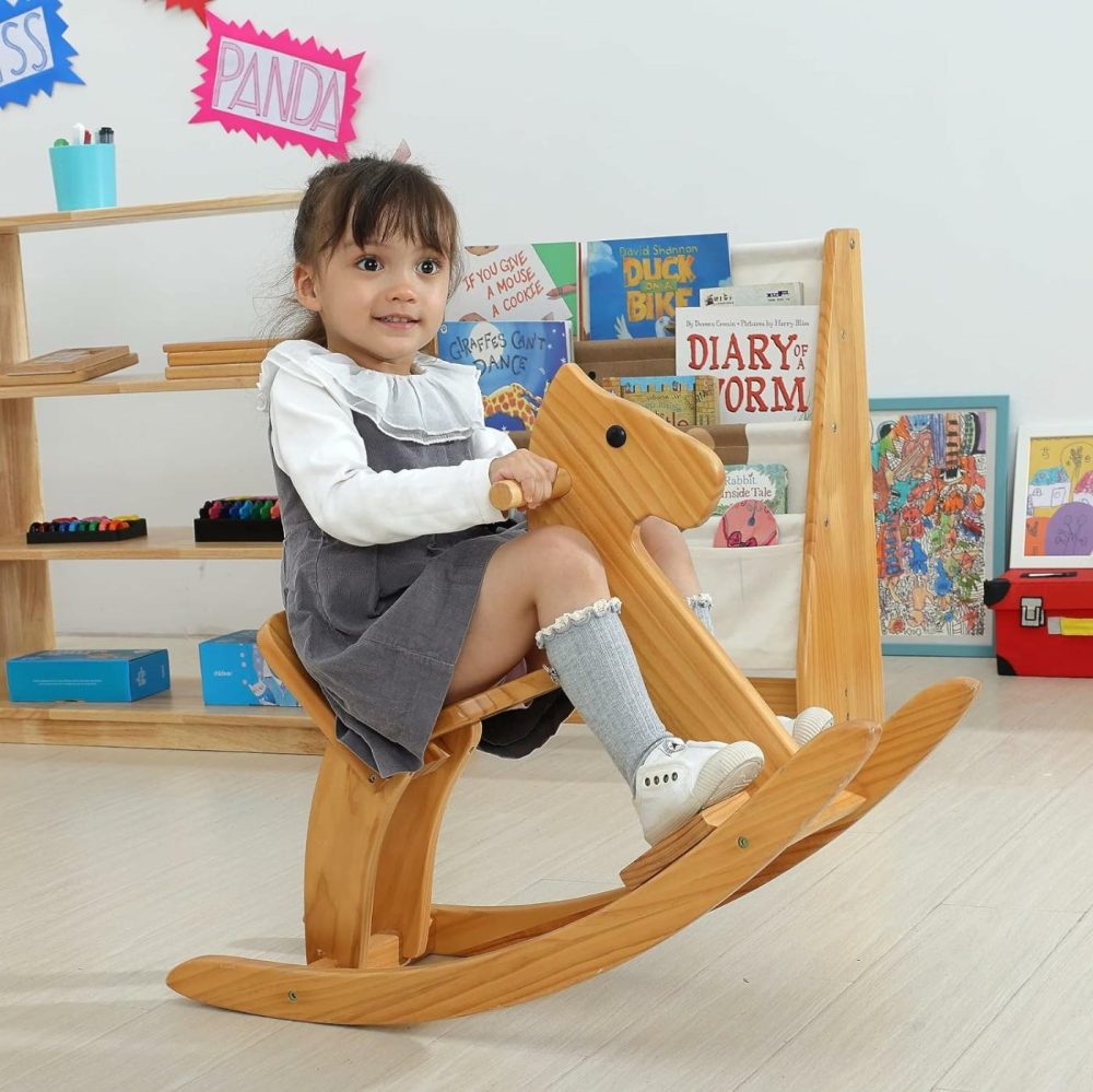 Rocking Horse Wooden Ride On Toy For Kids Classic Design Rocking Horse With Pedal And Safe Backrest Fine Workmanship(Classic  Natural)  |  Rocking Horses & Animals All Toys Natural