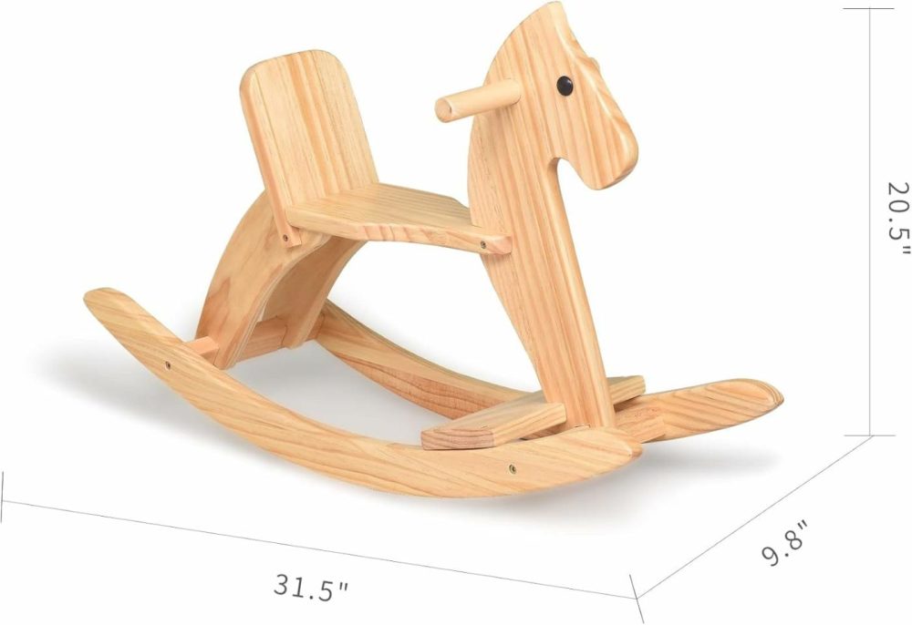 Rocking Horse Wooden Ride On Toy For Kids Classic Design Rocking Horse With Pedal And Safe Backrest Fine Workmanship(Classic  Natural)  |  Rocking Horses & Animals All Toys Natural