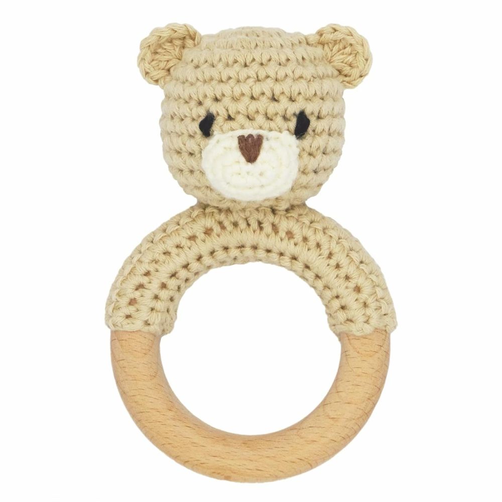 Safari Animals Wooden Baby Rattle Toys Stuffed Crochet Rattle With Teether Ring For Newborn  Beige Bear  |  Rattles & Plush Rings All Toys Bear