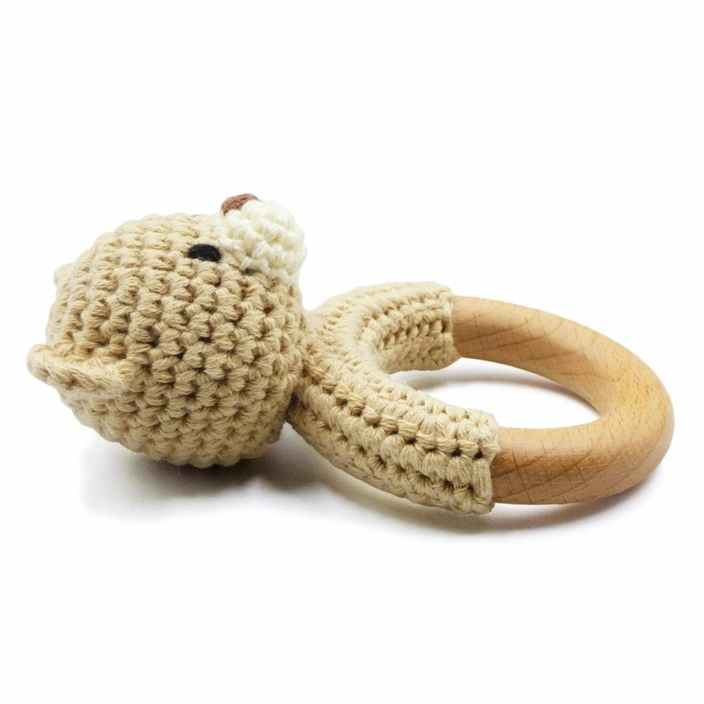 Safari Animals Wooden Baby Rattle Toys Stuffed Crochet Rattle With Teether Ring For Newborn  Beige Bear  |  Rattles & Plush Rings All Toys Bear