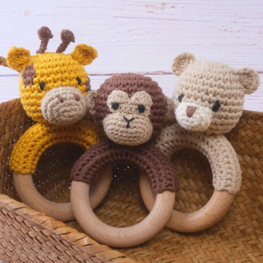 Safari Animals Wooden Baby Rattle Toys Stuffed Crochet Rattle With Teether Ring For Newborn  Beige Bear  |  Rattles & Plush Rings All Toys Bear