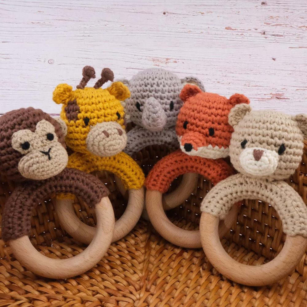 Safari Animals Wooden Baby Rattle Toys Stuffed Crochet Rattle With Teether Ring For Newborn  Beige Bear  |  Rattles & Plush Rings All Toys Bear