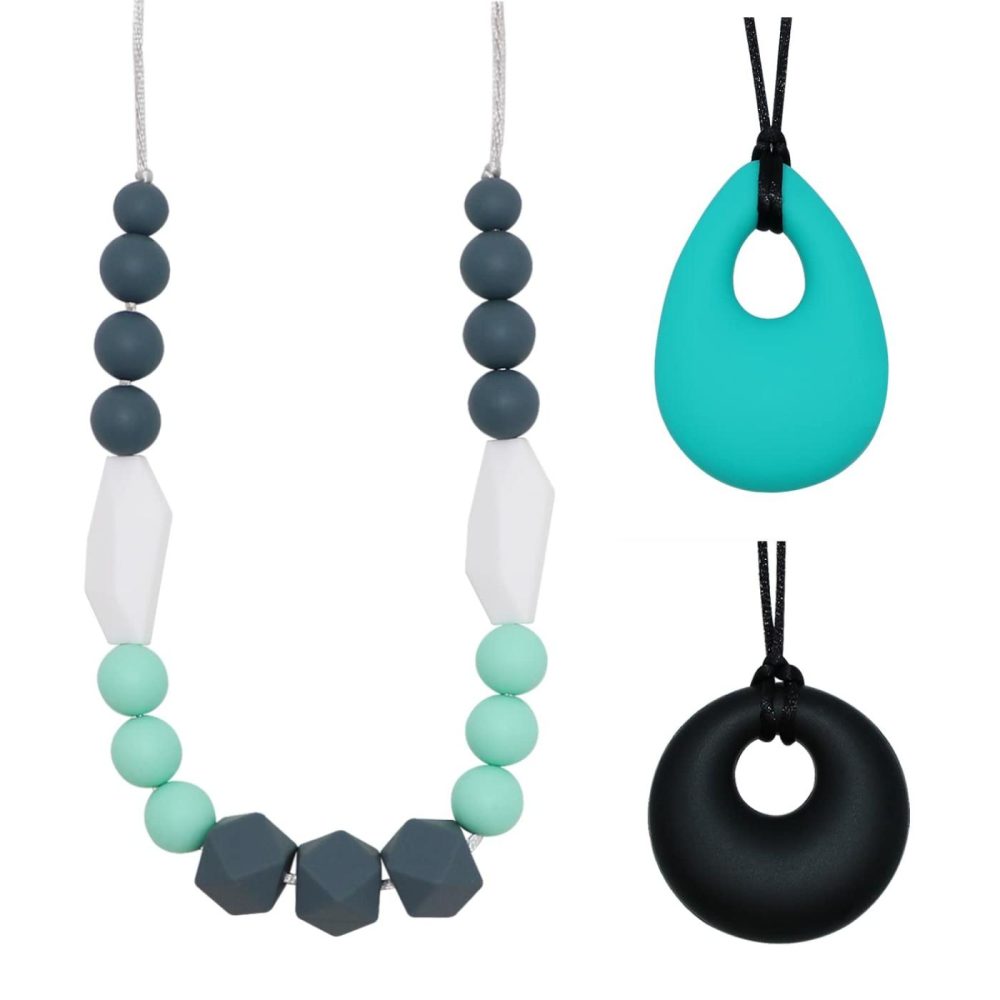 Sensory Chew Necklaces For Boys Girls  Silicone Chewy Necklace Sensory Toys For Kids With Autism Anxiety Adhd Spd  Sensory Chew Toys Reduce Chewing Biting Fidgeting For Adult Chewer  |  Teethers All Toys Gray,Mint Green,Turquoise,White