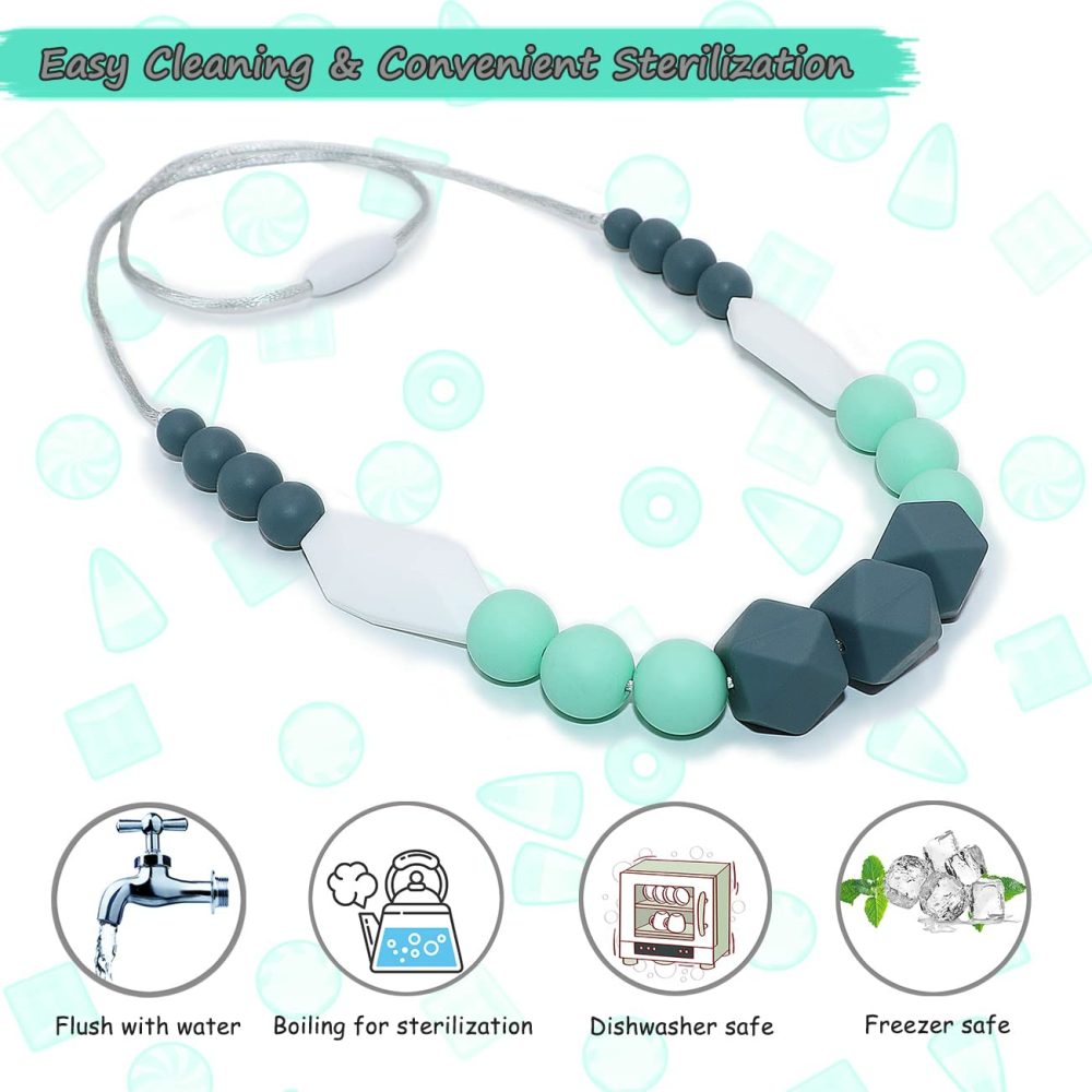 Sensory Chew Necklaces For Boys Girls  Silicone Chewy Necklace Sensory Toys For Kids With Autism Anxiety Adhd Spd  Sensory Chew Toys Reduce Chewing Biting Fidgeting For Adult Chewer  |  Teethers All Toys Gray,Mint Green,Turquoise,White