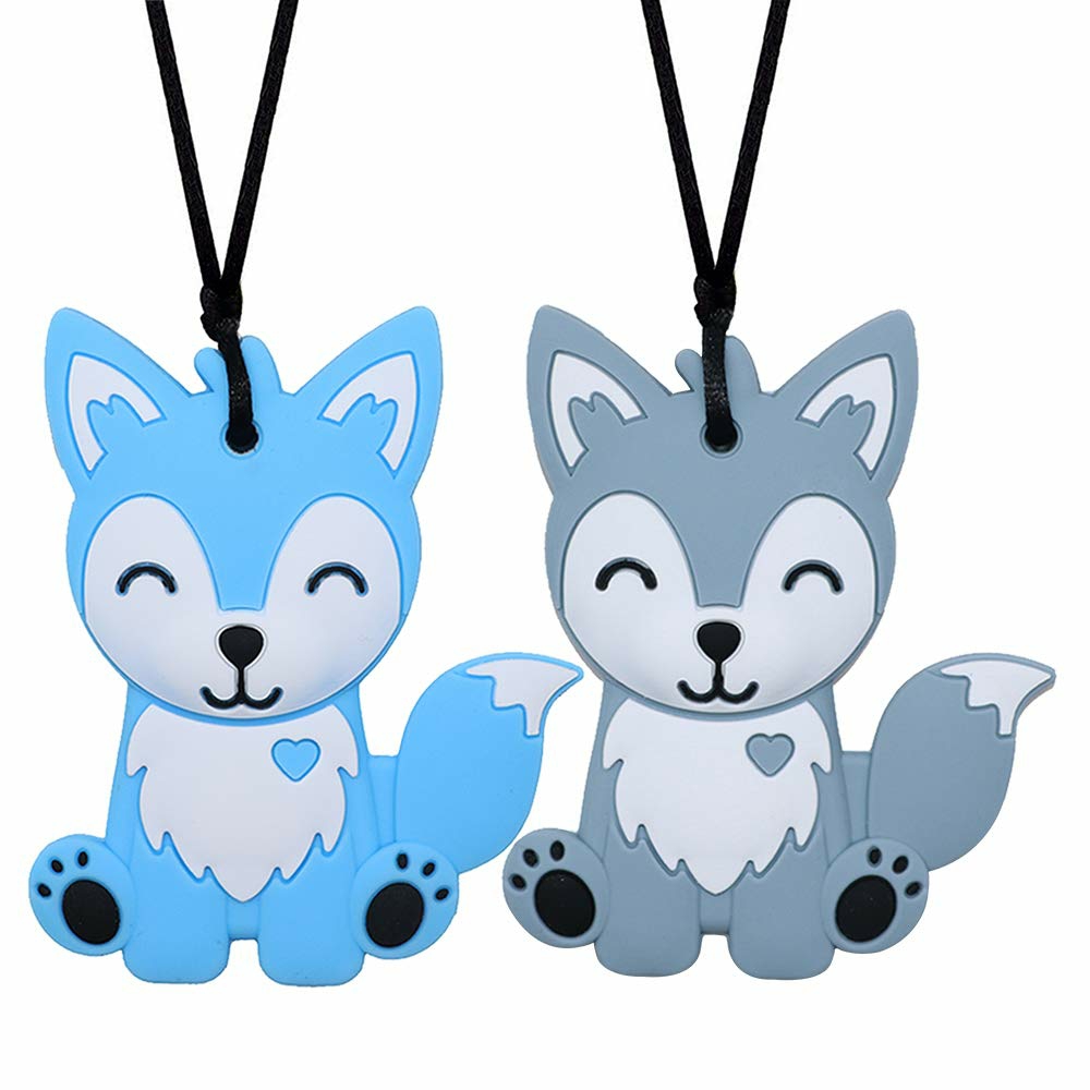 Sensory Chew Necklaces For Kids  Boys  And Girls – 2 Pack Fox Silicone Chewy Toys For Autism  Adhd  Spd  Chewy Oral Motor Chewing Toy For Adults  |  Teethers All Toys Blue&Grey