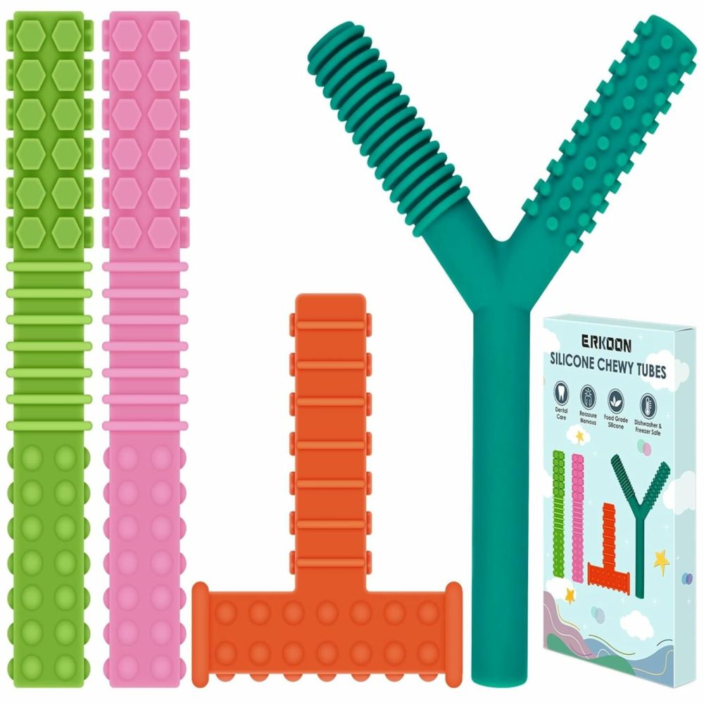 Sensory Chew Toys For Autistic Children  4 Pack Silicone Chewy Tube Oral Motor Tools For Sensory Kids With Autism  Biting  Adhd  Spd  Chewies With Special Needs  Teething Sticks Toys  |  Teethers All Toys Pink, Light Green, Green, Orange