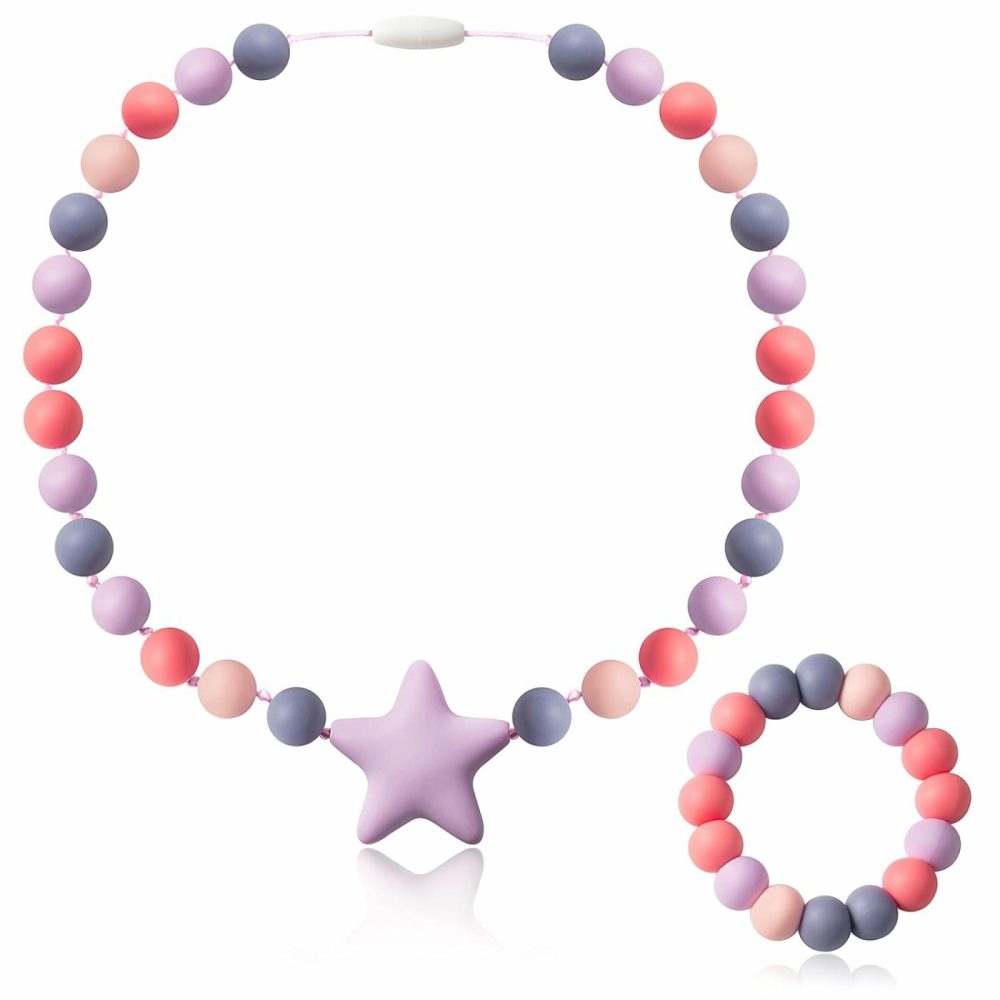 Sensory Necklace Bracelet For Baby – 2Pcs Cute Silicone Teething Jewelry For Kids  Sensory Jewelry Toys Baby Shower Gifts For Kids Infants Baby Boy Girl  |  Teethers All Toys Pink