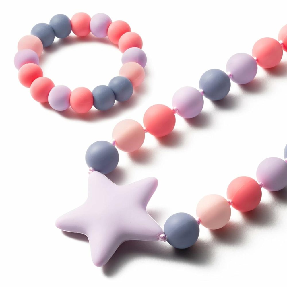 Sensory Necklace Bracelet For Baby – 2Pcs Cute Silicone Teething Jewelry For Kids  Sensory Jewelry Toys Baby Shower Gifts For Kids Infants Baby Boy Girl  |  Teethers All Toys Pink