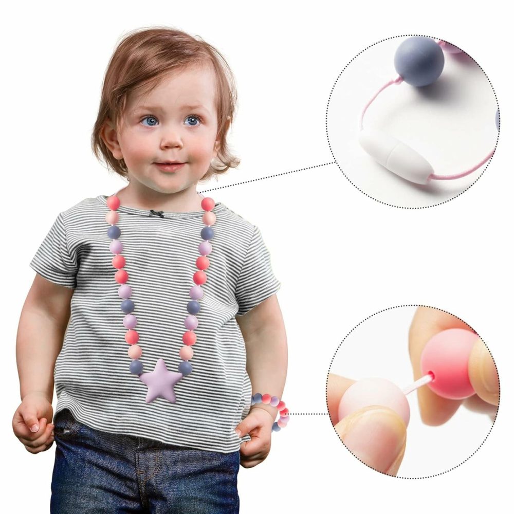 Sensory Necklace Bracelet For Baby – 2Pcs Cute Silicone Teething Jewelry For Kids  Sensory Jewelry Toys Baby Shower Gifts For Kids Infants Baby Boy Girl  |  Teethers All Toys Pink