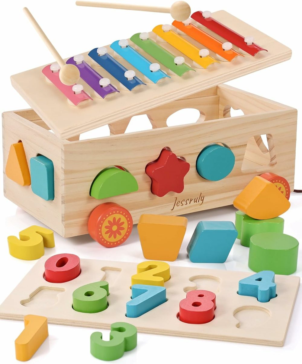 Shape Sorter – Wooden Xylophone And Montessori Number Puzzle Set For Babies – Educational Sorting Game With Storage Car For Toddlers  |  Sorting & Stacking Toys All Toys Sorting & Stacking Toys