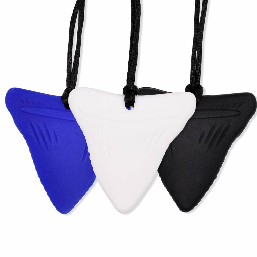 Shark Tooth Chew Necklace  Sensory Chew Necklace Bundle For Kids With Chewing  Teething  Adhd  Autism  Biting Needs  Oral Motor Chewy Teether  Made From Food Grade Silicone Safety  For Boys&Girls  |  Teethers All Toys Black, White, Blue