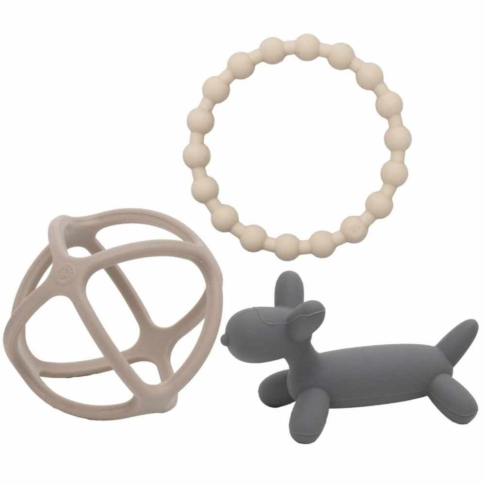 Silicone Baby Teether Toys For Infant Babies And Toddlers  Cute Ring  Puppy Dog  And Ball  Soft And Flexible  Bpa Free  Boys And Girls (Matte Dark Gray  Tan & Off White)  |  Teethers All Toys Matte Dark Gray, Tan & Off White