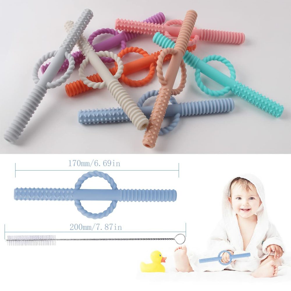 Silicone Baby Teether Tubes For Infants With Nursing Biting Chewing – 3 Pack  |  Teethers All Toys 3 Pcs-Blue&Beige&Grey