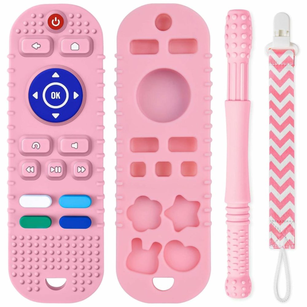 Silicone Baby Teething Toys  Remote Control Shape Teethers Toys With Teething Tubes And Pacifier Clip  Baby Teething Toys For 3+ Months  Remote Teething Toys Bpa Free/Freezable/Dishwasher Safe(Pink)  |  Teethers All Toys Pink