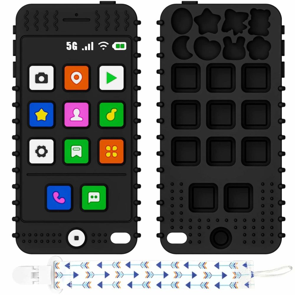 Silicone Baby Teething Toys  Teether Toys For Babies 6-12 Months  Smart Phone Shape Teething Toys  Sensory Teether Chew Toys For Boys Girls Baby Toddlers Infant – Black  |  Teethers All Toys Black