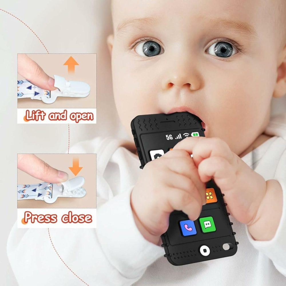 Silicone Baby Teething Toys  Teether Toys For Babies 6-12 Months  Smart Phone Shape Teething Toys  Sensory Teether Chew Toys For Boys Girls Baby Toddlers Infant – Black  |  Teethers All Toys Black