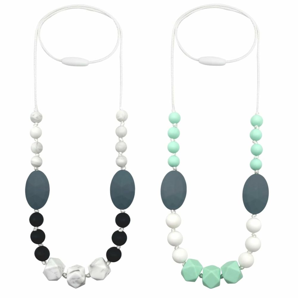 Silicone Nursing Necklaces For Mom To Wear  2 Pack Chew Necklace For Sensory Kids  Breastfeeding Sensory Necklace For Boys  Girls To Reduces Anxiety  |  Teethers All Toys Mint blue, Gray, Black, White