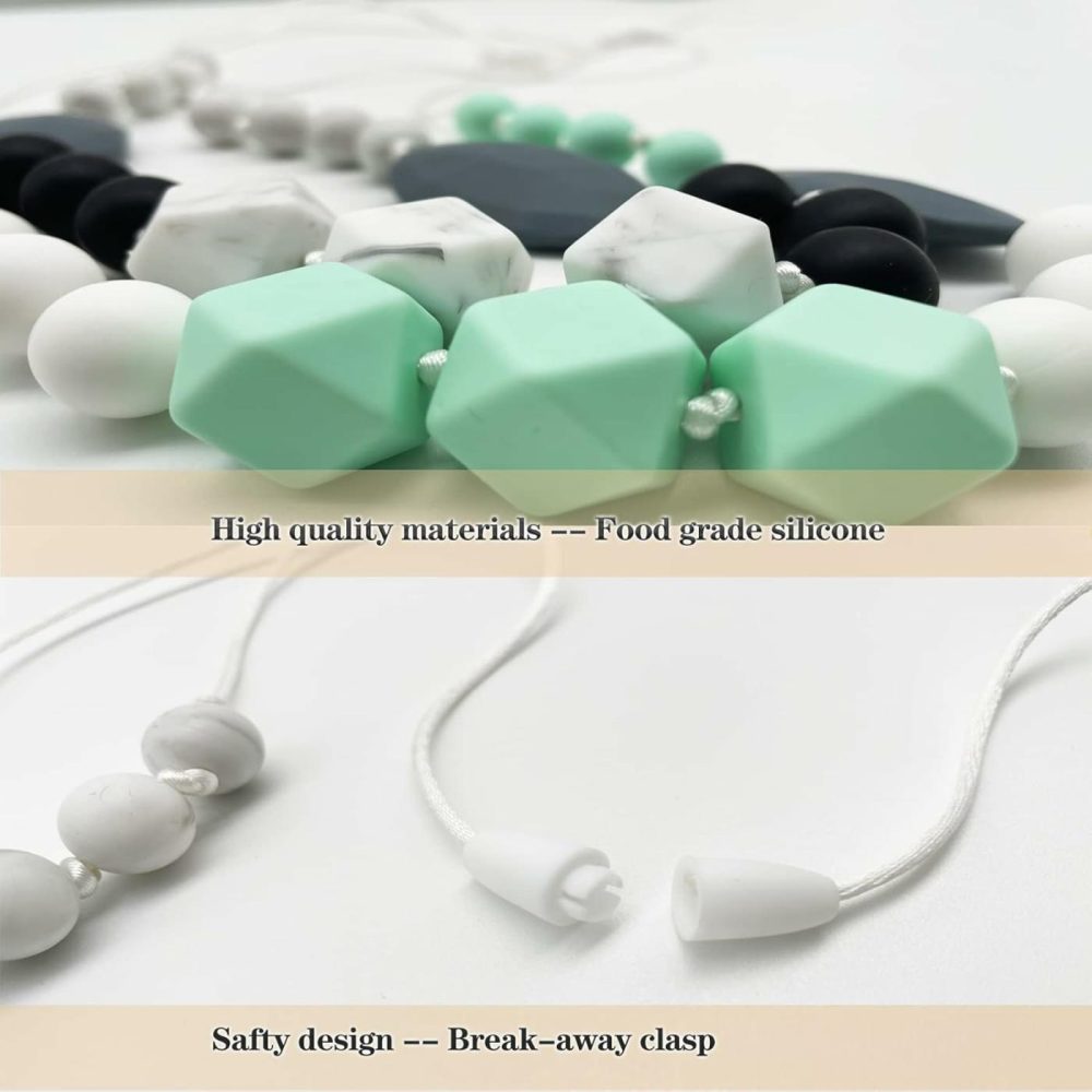 Silicone Nursing Necklaces For Mom To Wear  2 Pack Chew Necklace For Sensory Kids  Breastfeeding Sensory Necklace For Boys  Girls To Reduces Anxiety  |  Teethers All Toys Mint blue, Gray, Black, White