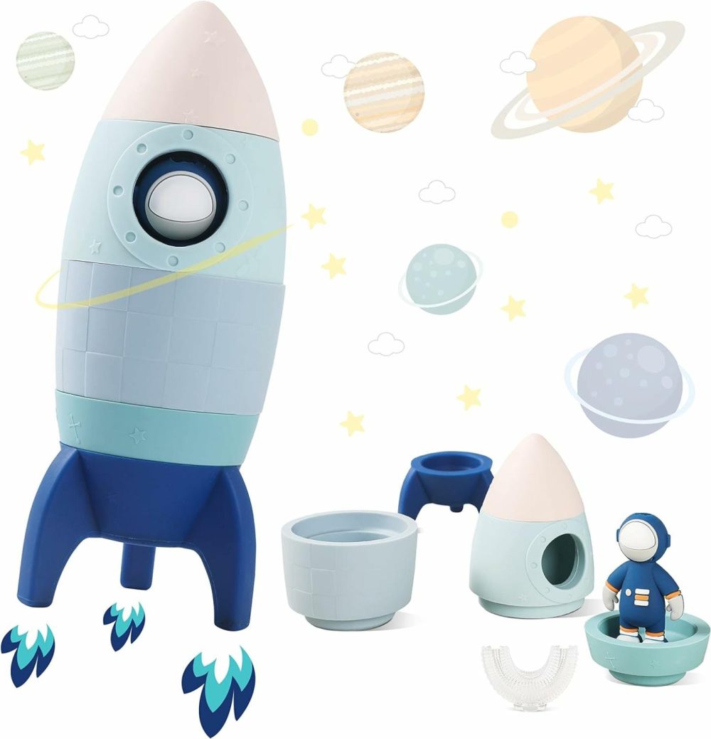 Silicone Rocket Stacking Toy – Space Rocket Toy – Baby Teething Toys -Early Learning Stacking Tower Educational Learning Stacking Toys Nesting Toy For Early Educational For Infants (Blue)  |  Sorting & Stacking Toys All Toys Blue