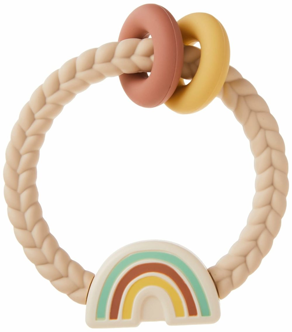 Silicone Teether With Rattle; Rattle Teether Features Rattle Sound  Two Silicone Teething Rings And Raised Texture To Soothe Gums; Ages 3 Months And Up (Neutral Rainbow)  |  Teethers All Toys Neutral Rainbow