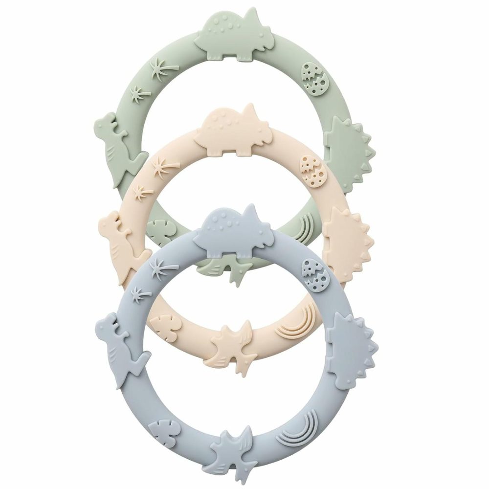 Silicone Teethers For Babies 0-6 6-12 Months Teething Toys For Infants Baby Chew Toys For Sucking Needs Baby Teething Rings For Infant Boys And Girls 3 Pack-Dinosaur-Baby Blue  |  Teethers All Toys Dinosaur-Ivory+Baby Blue