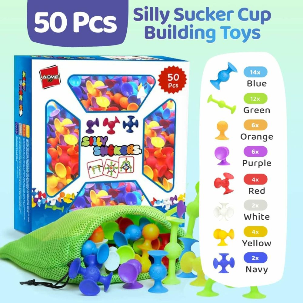 Silly Suckers Suction Toys 50 Pcs | Building Toys | Smooth Soft Edges | Montessori Toys | Toddler Toys | Sensory Toys | Bath Toys | Toy Building Sets | Preschool Building Sets | Suitable For Gifting  |  Bath Toys All Toys Bath Toys