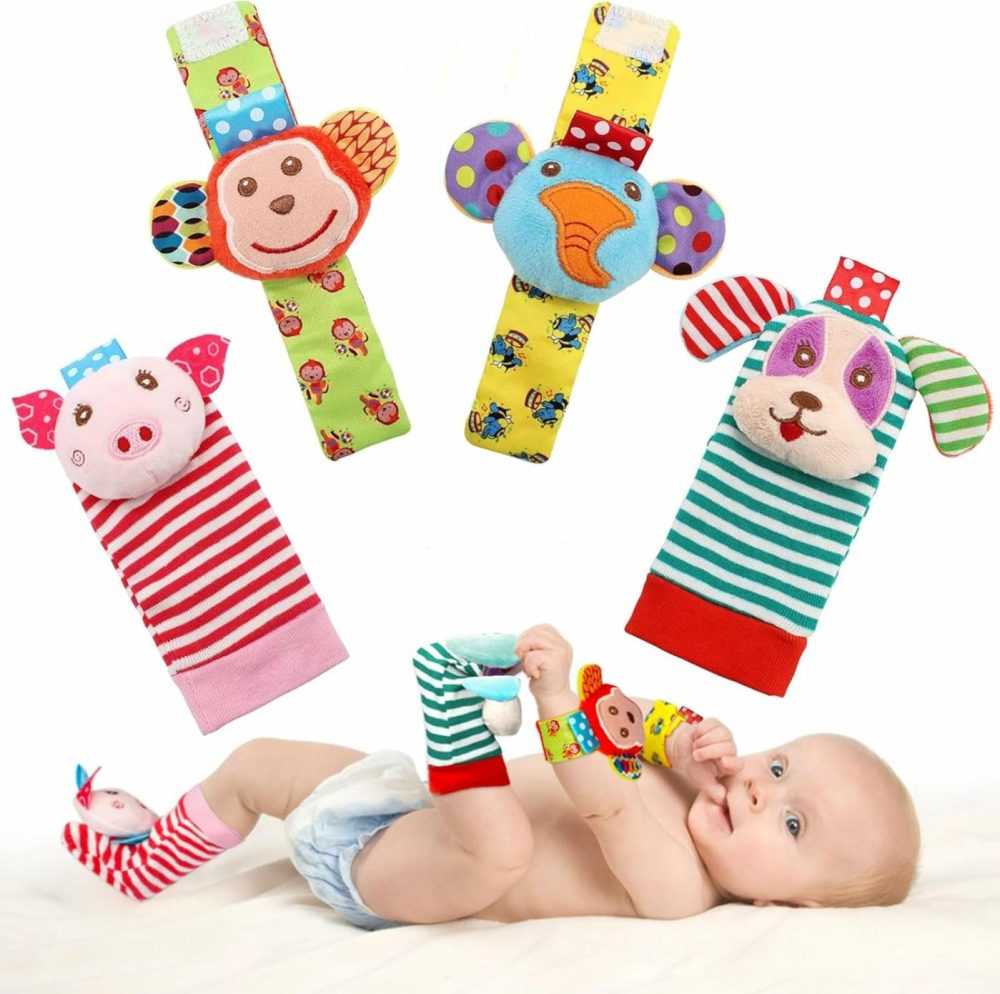 Soft Baby Wrist Rattle Foot Finder Socks Set,Cotton And Plush Stuffed Infant Toys,Birthday Holiday Birth Present For Newborn Boy Girl 0/3/4/6/7/8/9/12/18 Months Kids Toddler,4 Cute Animals  |  Rattles & Plush Rings All Toys mutilcolor