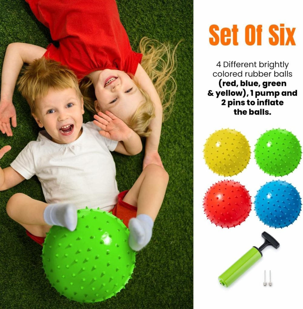 Soft Balls For Kids – Set Of Four 8.5″ Knobby Balls Plus Pump & 2 Pins  Durable  Inflatable Sensory Spiky Ball For Children  Toddlers And  Pets – Soft Bouncy Ball  |  Balls All Toys Balls