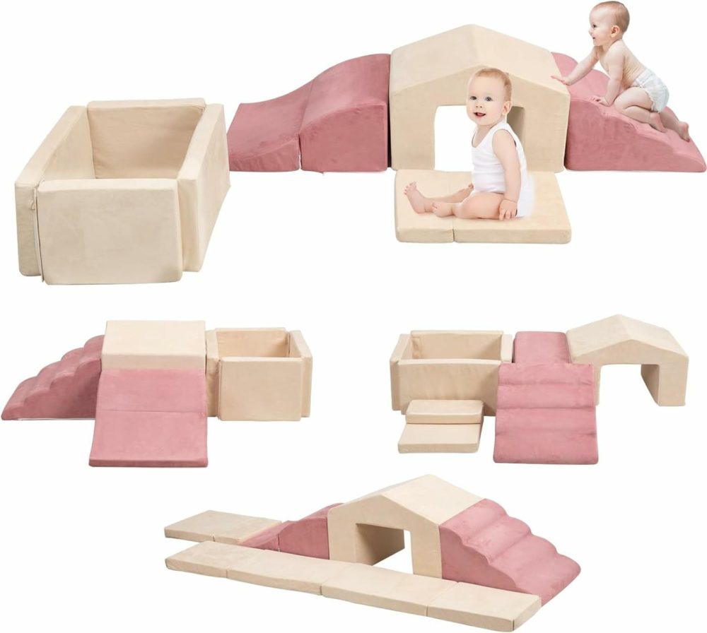 Soft Play Climb And Crawl Activity Playset,Foam Climbing Building Blocks For Toddlers With Ball Pit – Baby Crawling & Sliding Gym Equipment Indoor Active Playing For Preschool,6 Pcs (Beige + Pink)  |  Indoor Climbers & Play Structures All Toys Indoor Climbers & Play Structures