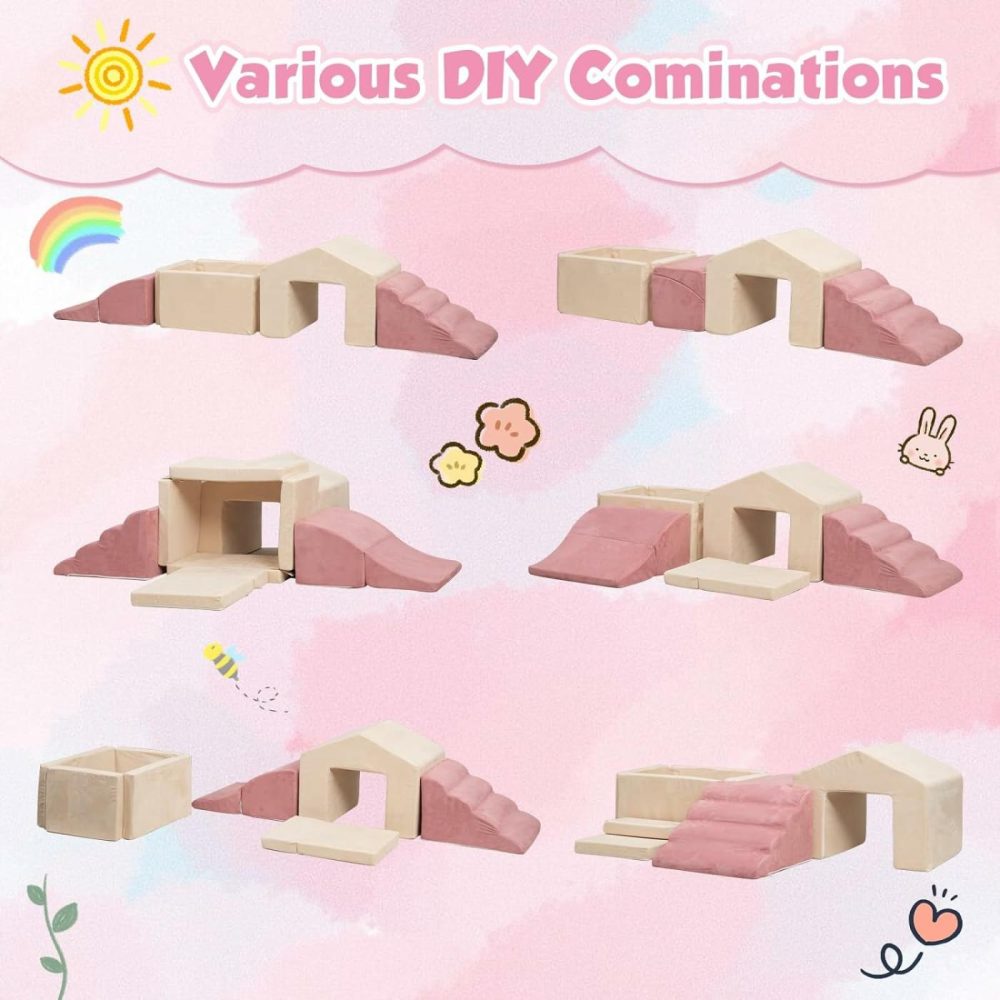 Soft Play Climb And Crawl Activity Playset,Foam Climbing Building Blocks For Toddlers With Ball Pit – Baby Crawling & Sliding Gym Equipment Indoor Active Playing For Preschool,6 Pcs (Beige + Pink)  |  Indoor Climbers & Play Structures All Toys Indoor Climbers & Play Structures