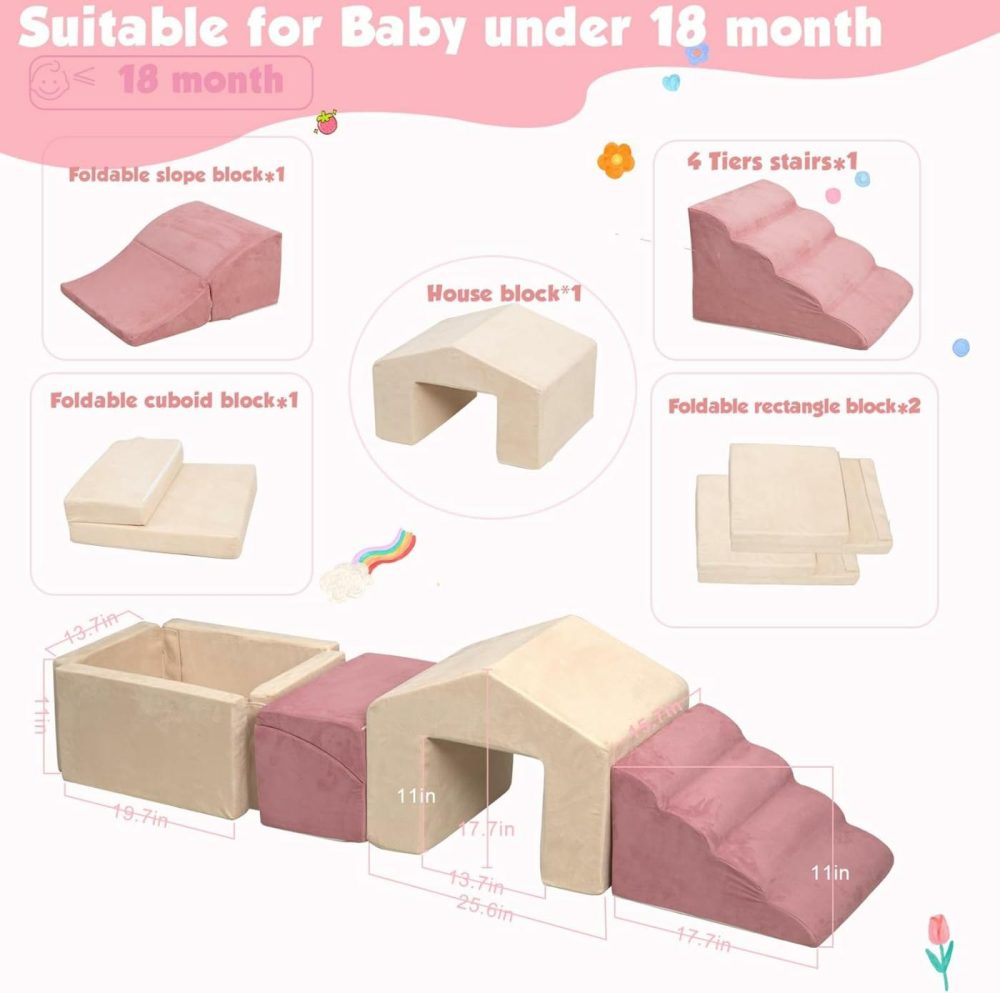 Soft Play Climb And Crawl Activity Playset,Foam Climbing Building Blocks For Toddlers With Ball Pit – Baby Crawling & Sliding Gym Equipment Indoor Active Playing For Preschool,6 Pcs (Beige + Pink)  |  Indoor Climbers & Play Structures All Toys Indoor Climbers & Play Structures