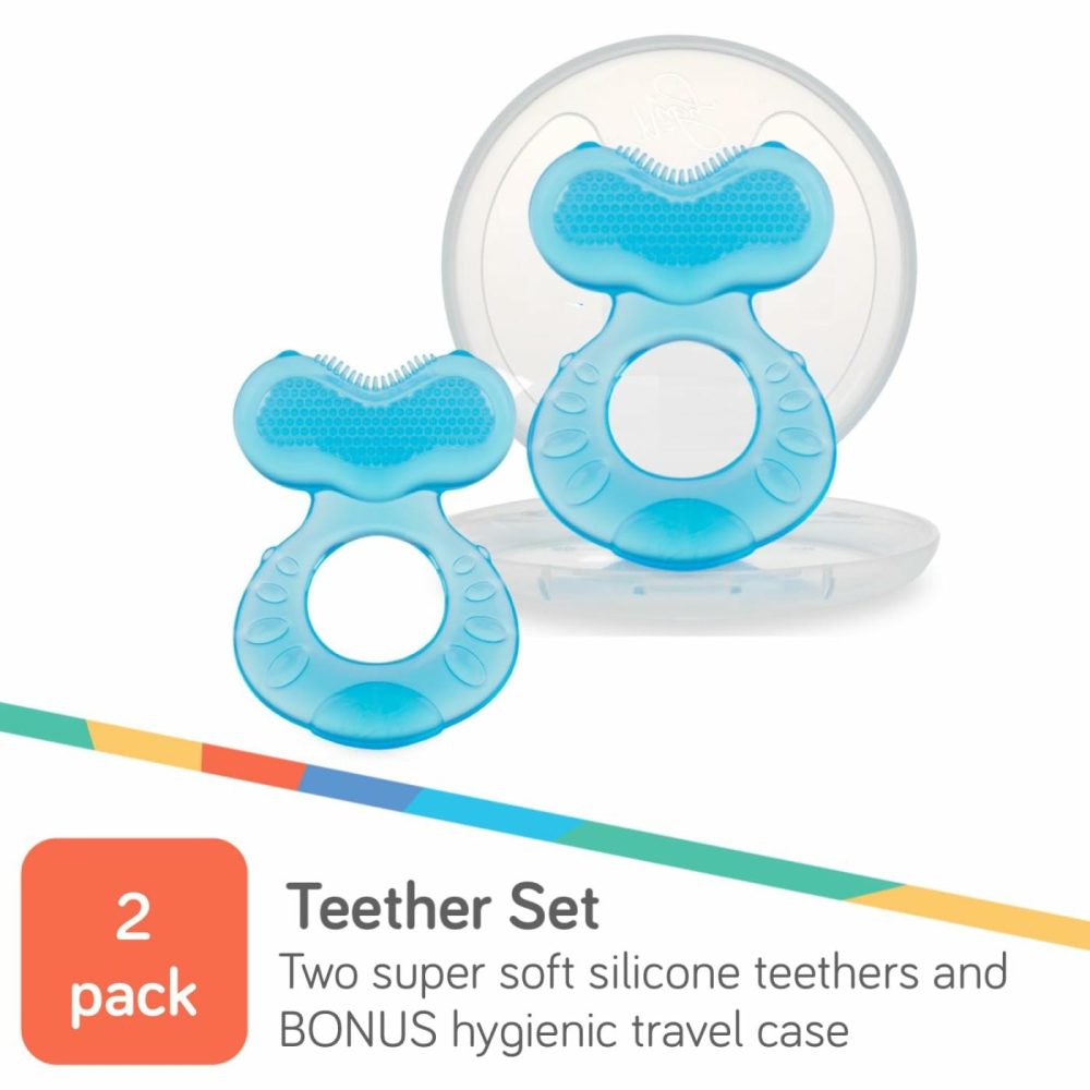 Soft Silicone Teether With Massaging Bristles | 2 Pack: Blue | 3M + | Travel Case Included  |  Teethers All Toys Blue