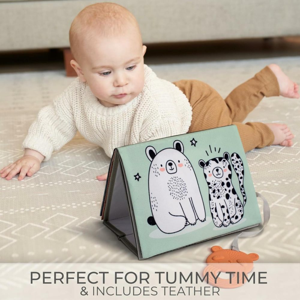 Soft Tummy Time Book W/ Large Stimulating Baby Safe Mirror – Fun High Contrast Montessori Toy W/ Mirror  Crinkle Filling & Silicone Teether – The Perfect Toy For Safe Early Newborn/Infant Development  |  Teethers All Toys Teethers