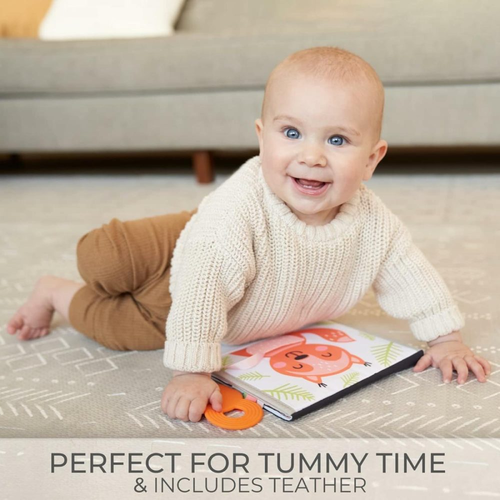 Soft Tummy Time Book With Large Stimulating Baby Safe Mirror – High Contrast Montessori Sensory Developmental Toy For Newborn/Infant 0-3 & 3-6 Months  |  Teethers All Toys Teethers