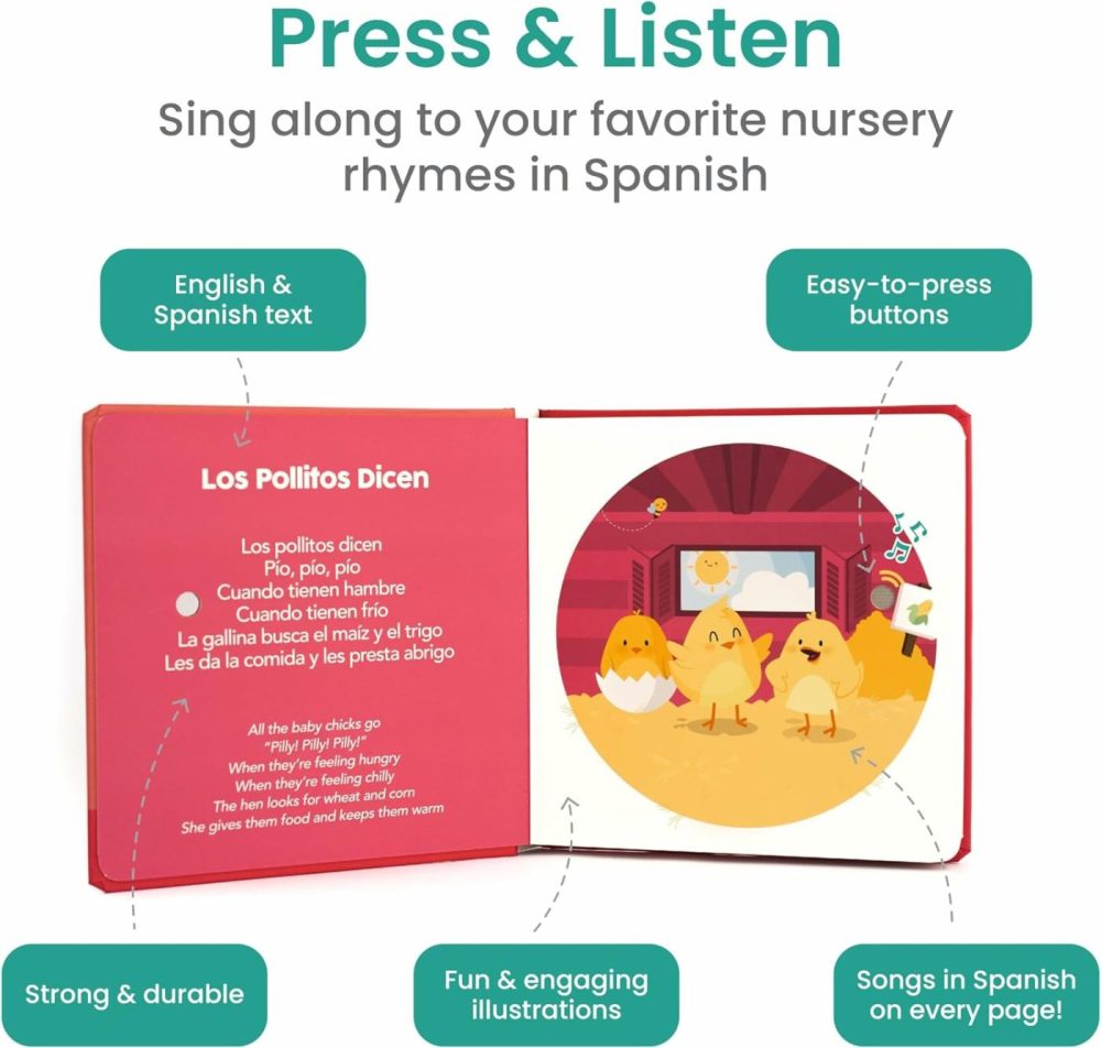 Spanish Musical Book For Babies & Toddlers 1-3 Los Pollitos Dicen & Other Nursery Rhymes | Spanish Learning For Kids | Bilingual Children’s Book | Sound Book | Libro En Español Para Bebés  |  Musical Toys All Toys Los Pollitos Dicen (Red)