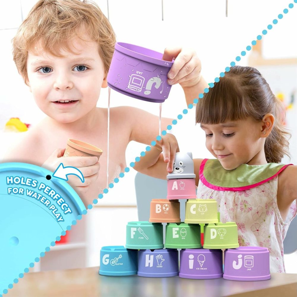 Stacking Cups Toy For Toddler Plus Bonus Squirting Baby Bath Toy & Bear Head Shaker With Numbers  Letters  Patterns  Fun Educational Toys For 6 Months +  1 2 3 Years  |  Sorting & Stacking Toys All Toys Sorting & Stacking Toys