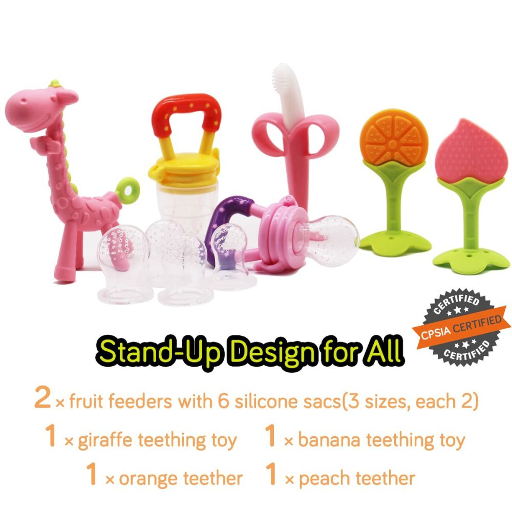 Stand-Up Teething Toys For Babies 0-6 Months 6-12 Months – Teethers With 2 × Baby Fruit Feeders And 4 × Baby Teether – Bpa Free/Freezer Free – Different Soft Textures For Infant And Toddlers (Pink)  |  Teethers All Toys Pink