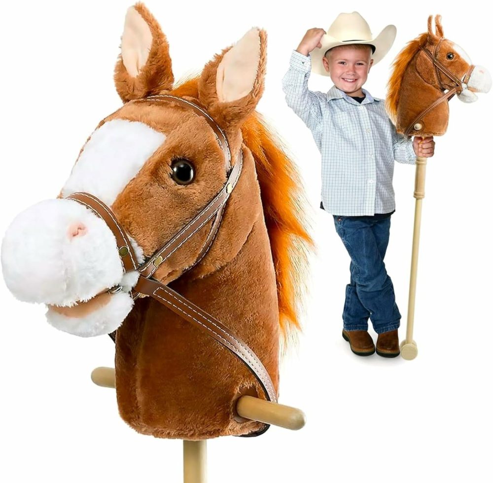 Stick Horse Plush Handcrafted Hobby Horse On A Stick With Wood Wheels Real Pony Neighing And Galloping Sounds For Kids Toddlers Dark Brown 36 Inches(Aa Batteries Required)  |  Stick Horses All Toys Dark Brown