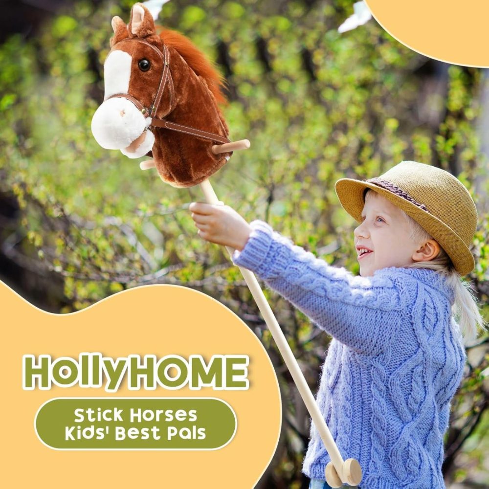 Stick Horse Plush Handcrafted Hobby Horse On A Stick With Wood Wheels Real Pony Neighing And Galloping Sounds For Kids Toddlers Dark Brown 36 Inches(Aa Batteries Required)  |  Stick Horses All Toys Dark Brown