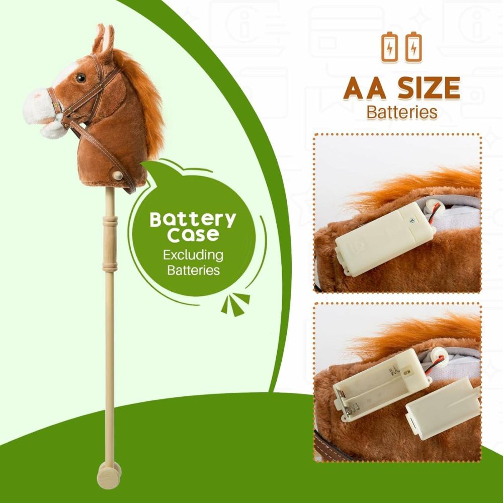 Stick Horse Plush Handcrafted Hobby Horse On A Stick With Wood Wheels Real Pony Neighing And Galloping Sounds For Kids Toddlers Dark Brown 36 Inches(Aa Batteries Required)  |  Stick Horses All Toys Dark Brown