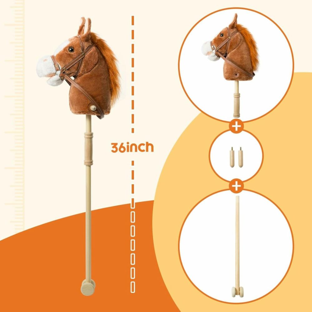 Stick Horse Plush Handcrafted Hobby Horse On A Stick With Wood Wheels Real Pony Neighing And Galloping Sounds For Kids Toddlers Dark Brown 36 Inches(Aa Batteries Required)  |  Stick Horses All Toys Dark Brown