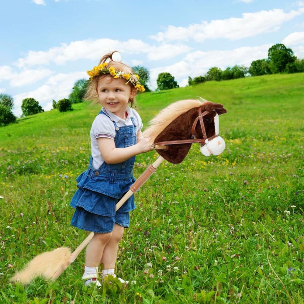 Stick Horse With Realistic Sound Effects  Hobby Horse  Wooden Pole  Handle  And Wheels  38” Tall Horse Toys Gift For Kids Toddlers 3 Years+  Chocolate (Aa Batteries Required)  |  Stick Horses All Toys Chocolate