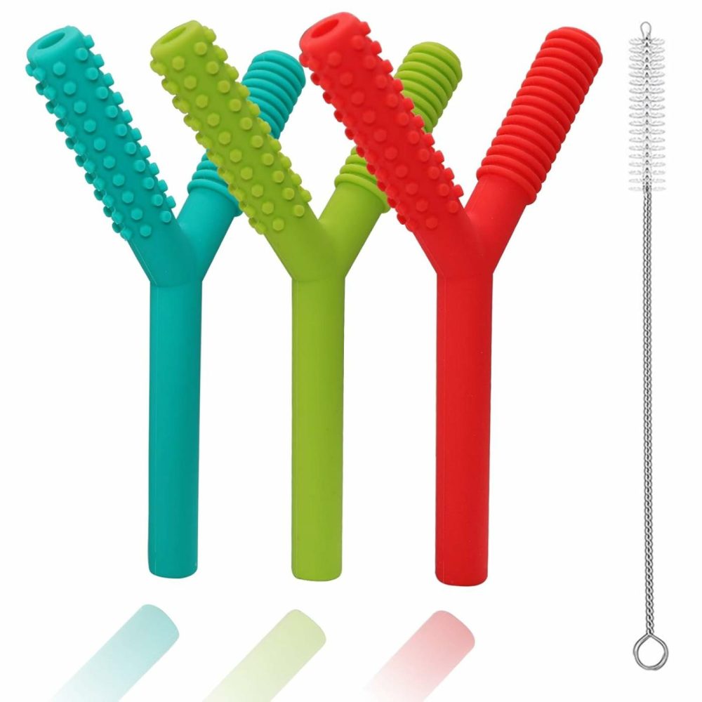 Teether Tubes For Babies 3-6 Months  3 Pack Silicone Hollow Chew Tube Toy For Autistic Children  Y Shape Chewable Straw Baby Teether Toys For Infants Autism With Teething Nursing Biting Chewing  |  Teethers All Toys Red Turquoise Green