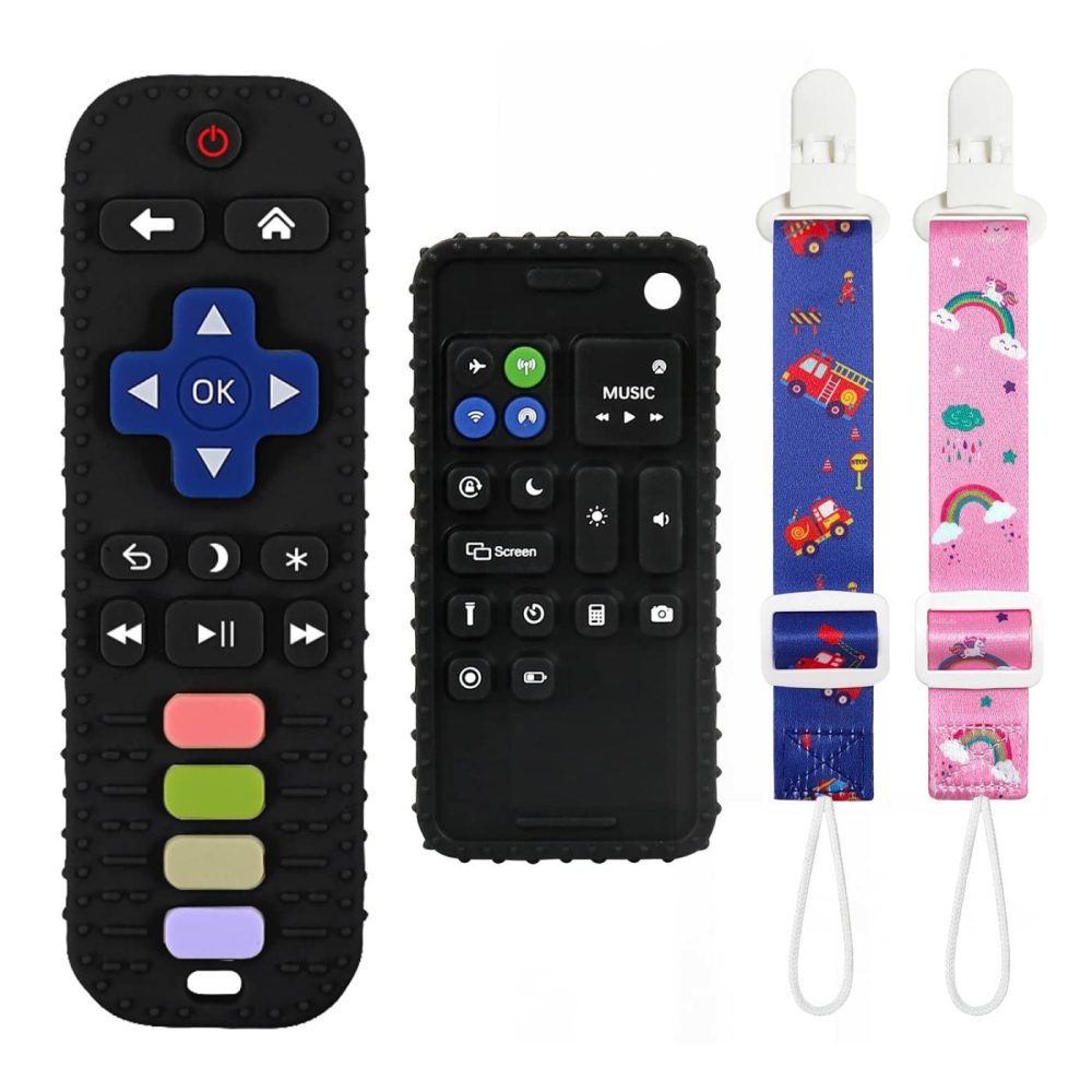 Teething Toys For Babies 0-6 Months 6-12 Months  Baby Teething Remote Control Teether Toys  Cell Phone Teether For Babies  Chew Toy For Baby  Silicone Sensory Baby Teethers Toys – Black  |  Teethers All Toys Remote Black+Phone Black