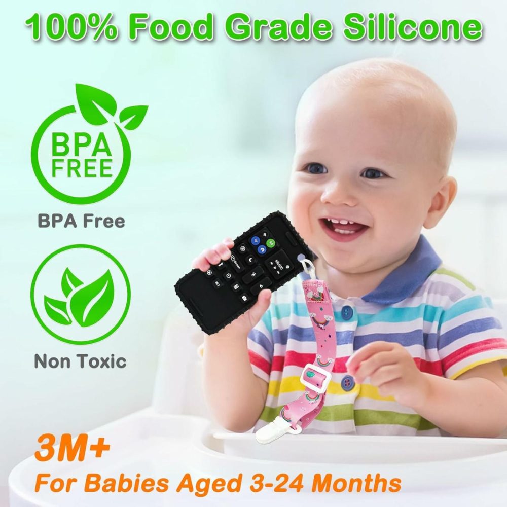 Teething Toys For Babies 0-6 Months 6-12 Months  Baby Teething Remote Control Teether Toys  Cell Phone Teether For Babies  Chew Toy For Baby  Silicone Sensory Baby Teethers Toys – Black  |  Teethers All Toys Remote Black+Phone Black