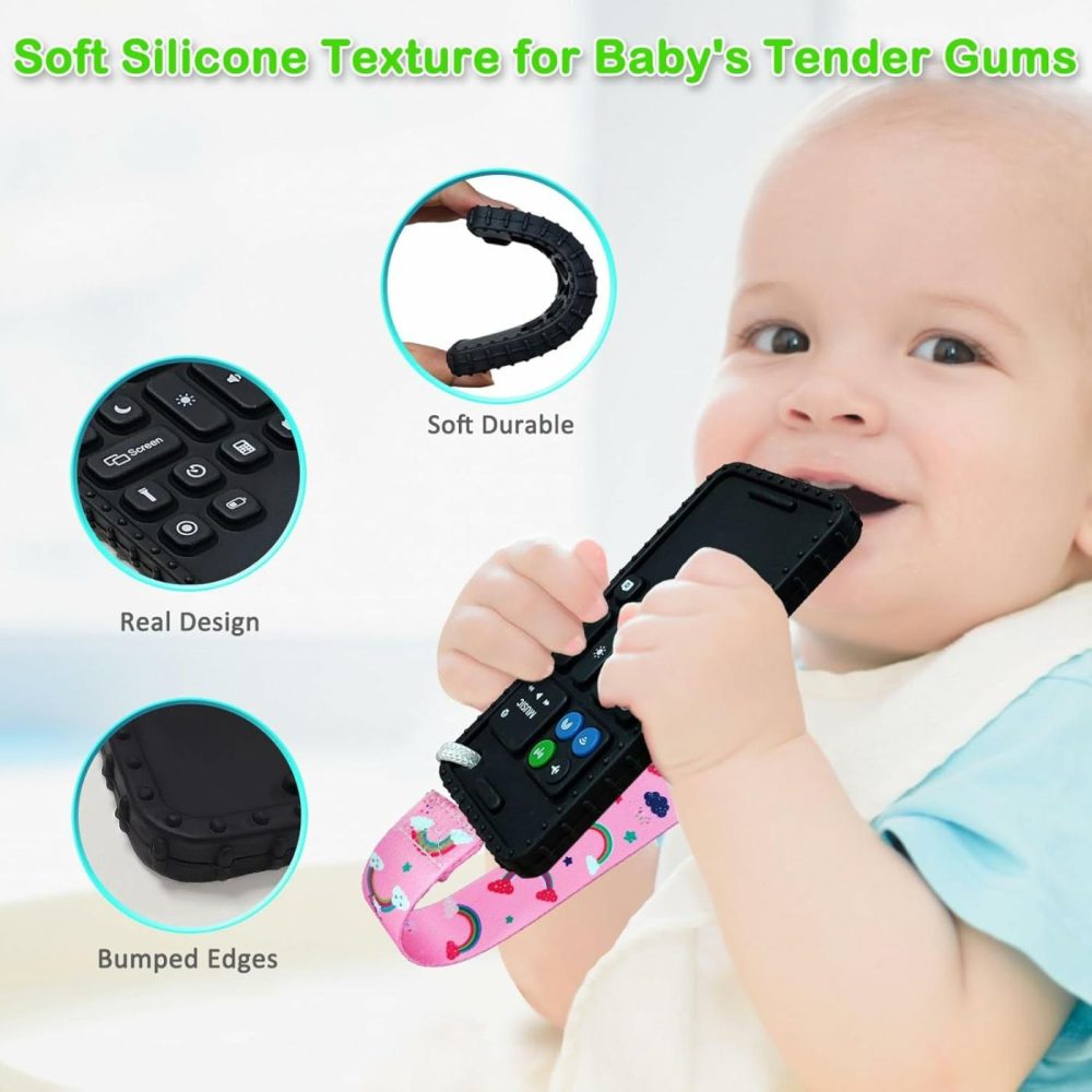 Teething Toys For Babies 0-6 Months 6-12 Months  Baby Teething Remote Control Teether Toys  Cell Phone Teether For Babies  Chew Toy For Baby  Silicone Sensory Baby Teethers Toys – Black  |  Teethers All Toys Remote Black+Phone Black