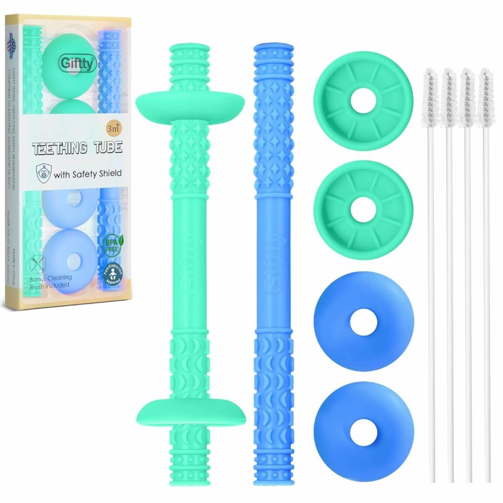 Teething Tube With Safety Shield Baby Hollow Teether Sensory Toys Gum Massager  Food-Grade Silicone For Infant 3-12 Months Boys Girls  1 Pair With 4 Cleaning Brush Included (Emerald+Blue)  |  Teethers All Toys Blue,Emerald