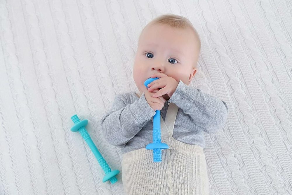 Teething Tube With Safety Shield Baby Hollow Teether Sensory Toys Gum Massager  Food-Grade Silicone For Infant 3-12 Months Boys Girls  1 Pair With 4 Cleaning Brush Included (Emerald+Blue)  |  Teethers All Toys Blue,Emerald